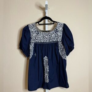 Mi Golondrina Midnight Blue Blouse with White Embroidery